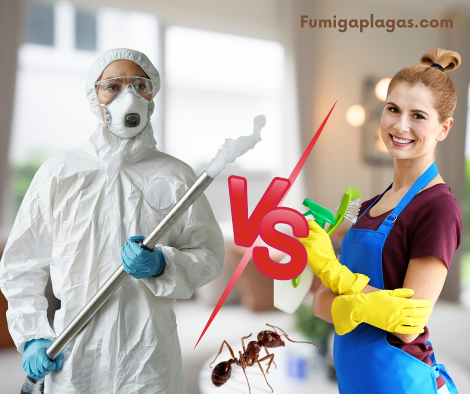 Comparación de hormiguicidas caseros vs profesionales con un exterminador y un ama de casa eliminando hormigas